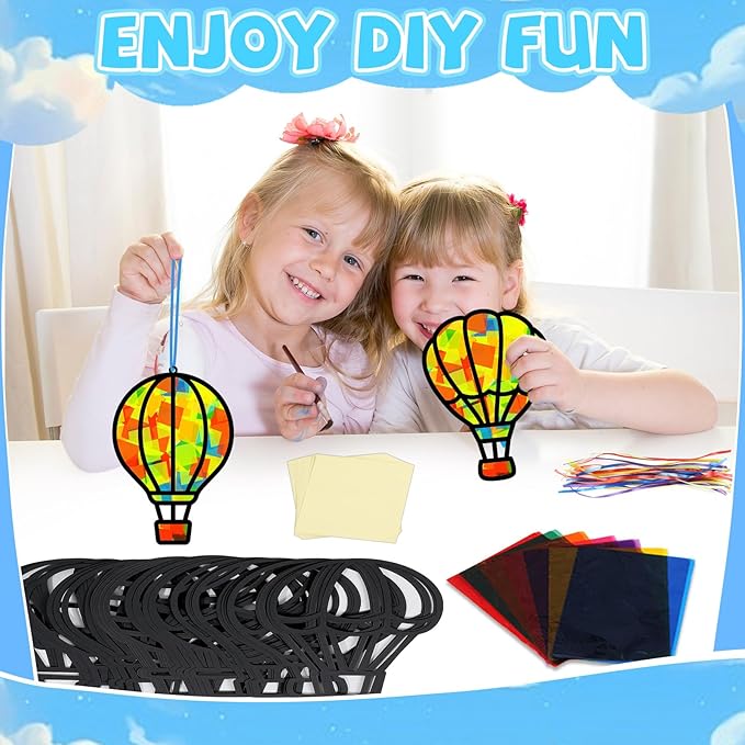 QOUBAI 32 Sets Air Balloons Suncatchers Craft Kit DIY Window Stained Glass Effect Hot Air Balloons VBS Paper Craft Home School Classroom Decoration Kid Birthday Gift Creative Art Project Activity Game