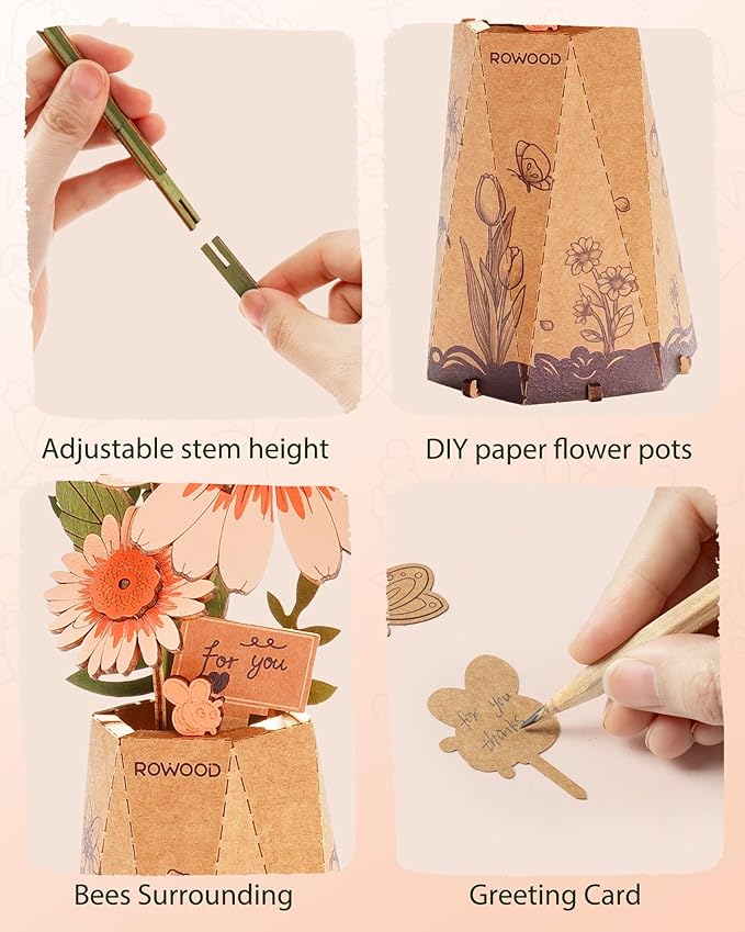 rowood 3D Puzzles for Adults,DIY Wooden Flower Building Craft Kits for Women,Christmas/Birthday Gift- Orange Gerbera Daisy