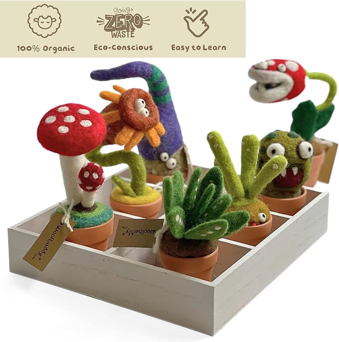 Woolbuddy Needle Felting Kit - Cactus Succulent Monster Design for Beginners Adult, Includes Wool, Supplies, 4 Clay Pots and Clear Instructions