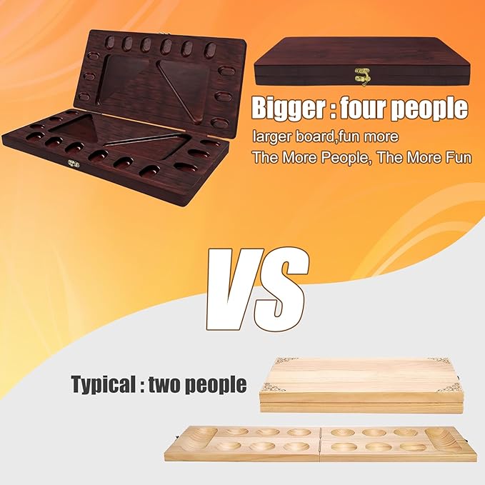 4-Player Mancala Board Game, Foldable Solid Wood with 110 Multi-Coloured Glass Beads, Instruction Manual, Non-Slip Mat,Suitable for Family Party Travelling Adults Puzzle Interactive Game.
