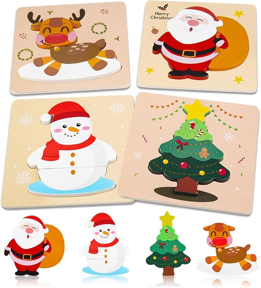 Christmas Wooden Puzzles for Toddlers, Baby Jigsaw Puzzles for 1 2 3 Years-Old Boys and Girls, Set of 4 Montessori Toys with Large Pieces Safe for Kids