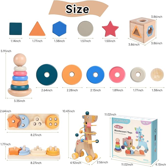 Wooden Montessori Toys for 1 Year Old, 4-in-1 Educational Sensory and Baby Learning Toys for Toddlers Aged 1-3, Boy and Girl's Best Gifts for Birthday (Log)