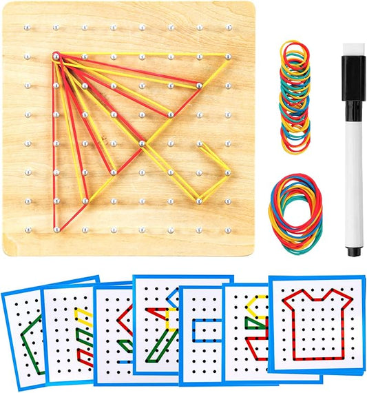 HEELWIRE Wooden Geoboard,Montessori Toy,Graphical Mathematical Education Toy for Kids with Pattern Cards and Rubber Bands to Figures and Shapes, Brain Teaser STEM Toy Geo Board (7 * 7 * 0.6 in)
