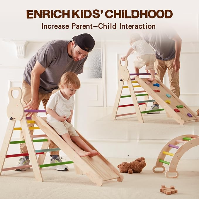 7 in 1 Large Pikler Triangle Set, Wooden Montessori Climbing Set, Foldable Toddler Baby Climbing Toys, Baby Climber Indoor Playground Jungle Gym for Toddlers Montessori Toys-Rainbow