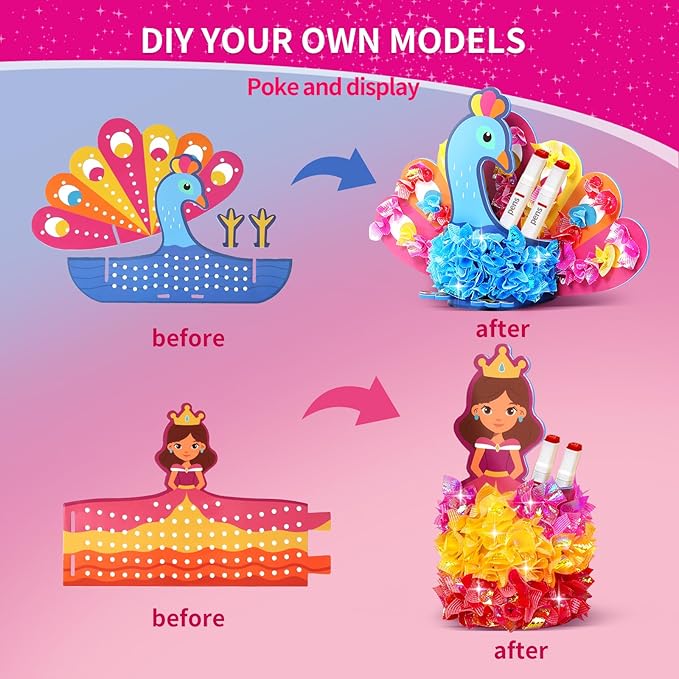 HENUIE Princess Poke Art Kit, Mess-Free 3D DIY Craft, 7 Royal Stand-Alone Figures for Display & Pretend Play, Educational Activity & Gift for Girls & Boys, Ages 4-9