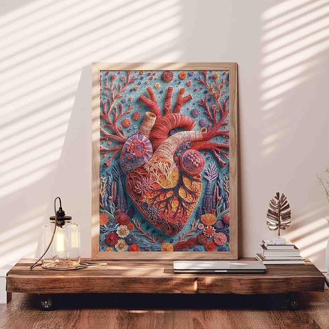 Heart Anatomy 1000 Piece Jigsaw Puzzles for Adult Anatomical Human Heart with Coral Reef Painting Jigsaw Puzzle Body Oragn 1000 Pieces Puzzles Game Wall Decor DIY Craft Puzzle Art Gift(Colorful)