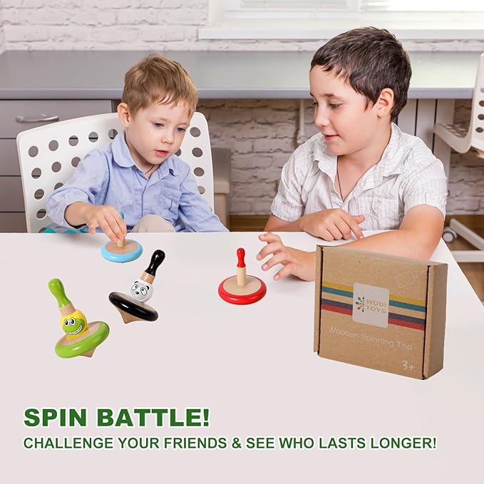 WODI 3PCS Wooden Spinning Tops - Adorable Animal Gyroscope Toys for Toddlers, Safe & Fun Montessori Educational Gift, Fidget Spinner for Kids/Toddlers (#2)