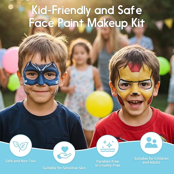 Pintada 42 Color Face Painting Kit for Kids - Non Toxic Water Activated Face Paint Palette With Stencils, Brush, Gems. For Carnival, Halloween, Costume Makeup and Any Creative Activity with Kids