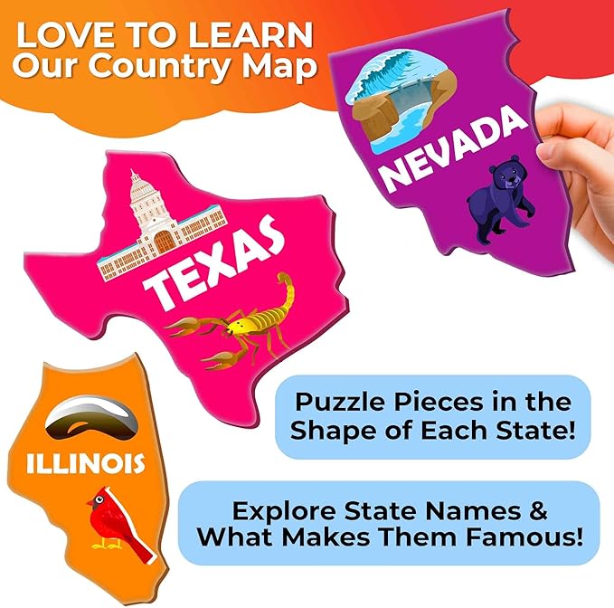 QUOKKA United States Puzzles for Kids Ages 4-6 - 70 Pcs Floor Puzzles for Kids Ages 6-8 Preschool Activities - Includes 50 Cards with 400+ USA Facts- State-Shaped Jigsaw Puzzle Gift for Girls Boys