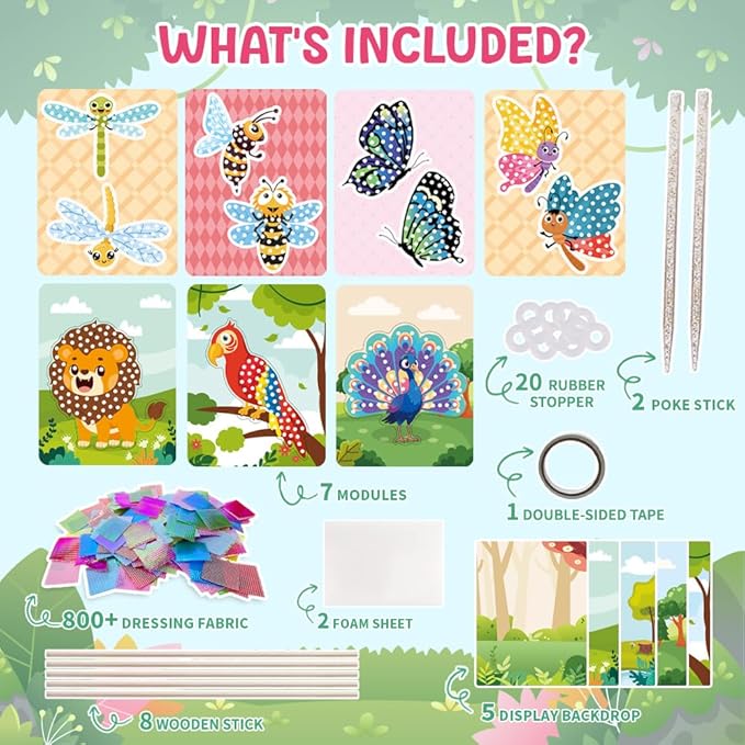 Poke-Art Animal Poking Art Kit with Fabric and Tools,Includes Various Animals Such as Butterflies, Bees, Dragonflies, Peacocks, Parrots, and Lions,Mess-Free Sewing Art for Kids Ages 4+