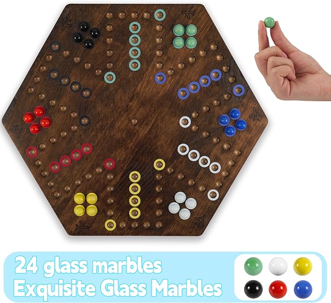 Wahoo Board Game - 23.6 inch Marble Game Board with 24 Glass Marbles and 6 Dice,Solid Wood Double-Sided Game Board for 4 or 6 Players - Family and Party Game