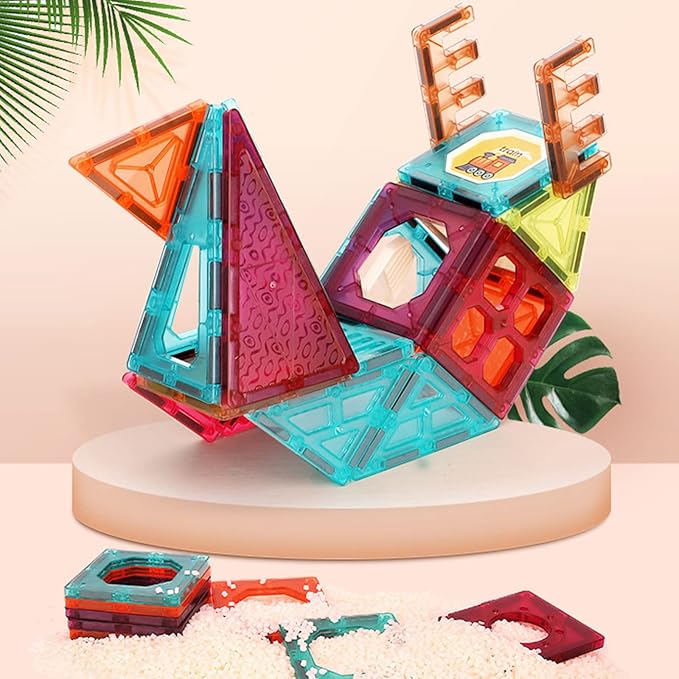 Magnetic Tiles Building Blocks with 4 Cars Magnet Train Set for Kids Construction STEM Toy Preschool Educational Creativity Learning Brithday Gift for Girls Boys Toddlers 3 4 5 6 7 8