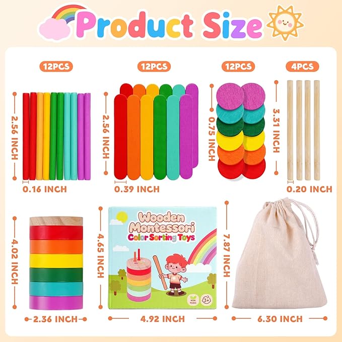 Montessori Toys, 4 in 1 Wooden Color Sorting Toys for Toddlers Sensory Fun Play Preschool Learning Activities Fine Motor Skills Educational Toys for Age 2 3 4 5 Boys Girls Gifts