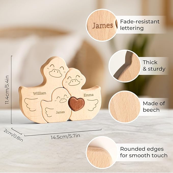 Personalized Wooden Family Puzzle Ducks Toy, Customizable Puzzles with 2-5 Names, Birthday Fathers Day Mothers Day Personalized Gifts for Kids Parents, Unique Home Decor