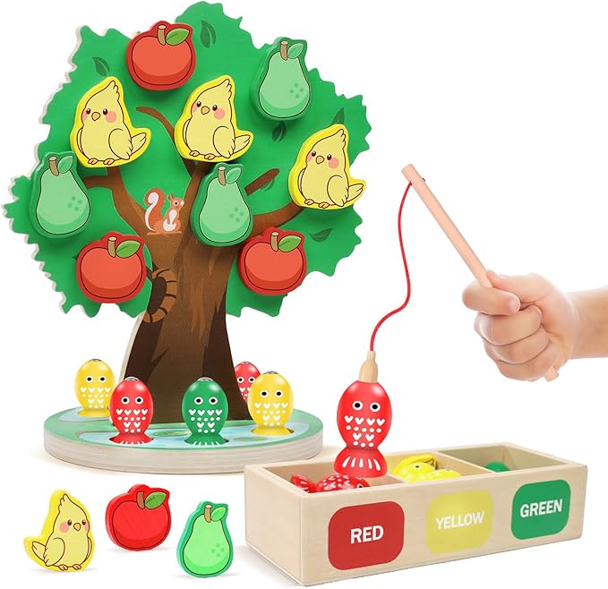 Montessori Toys for 3 4 5 Year Old, Wooden Fine Motor Skills Educational Color Sorting Toys, Apple Picking Magnetic Fishing Games for Kids 3-5, Birthday Gifts for Kids Boys Girls