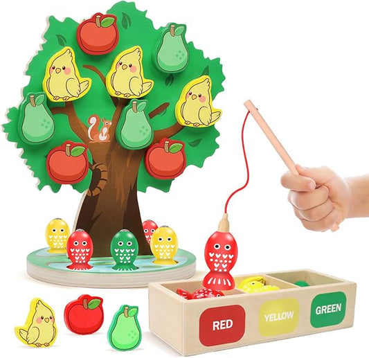 Montessori Toys for 3 4 5 Year Old, Wooden Fine Motor Skills Educational Color Sorting Toys, Apple Picking Magnetic Fishing Games for Kids 3-5, Birthday Gifts for Kids Boys Girls