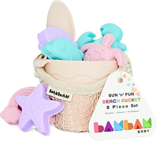 BamBam Baby – Premium Silicone Beach Toys for Toddlers & Baby | 100% BPA Free, Safety Tested | 8 Piece Sand Bucket Set for Ages 6 Months and Up - (Blissful Pink)
