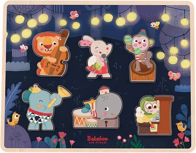 The Bababoo and friends Band Play Figure Puzzle | 12+ Months | Size 11" x 9" x .5" | Problem Solving | 7 Piece Set | Playtales Stories Included | Wood Toys Collection |