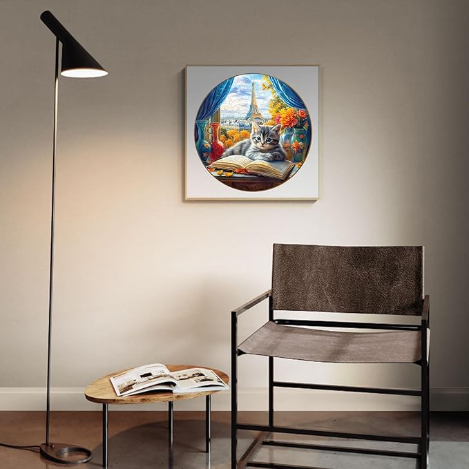 KAAYEE Wooden Puzzles for Adults, 3D Visual Effect Paris and Cat Wooden Jigsaw Puzzle Unique Shape Wood Puzzle Adult, 3D Effect Flat Puzzle Birthday Family Games (M-11.4 * 11.4 in-200pcs)