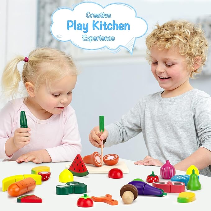 Wooden Play Food Sets for Kids Kitchen - Cutting Fruits and Veggies Toddler Toys Pretend Food Play Kitchen Accessories Montessori Educational Toys Gifts for Kids Boys Girls 3+