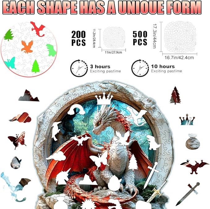 Wooden Jigsaw Puzzle, 200-500 Pieces Unique Shape Animal Puzzle, for Adults & Kids, Birthday Gift Family Game, Decorative Puzzle, Unique Gift (Dragon Warrior, 300 PCS)