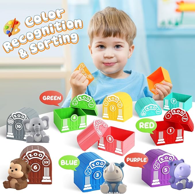 Toddler Toy for 1 2 3+ Years Old, Learning Toy for Toddlers with 20PCS Safari Animal, Montessori Educational for Kids,10 Animals &10 Houses for Babies Boys Girls Easter Christmas Birthday Gift