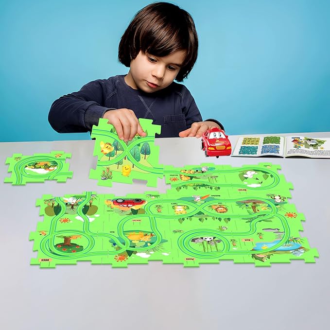 Puzzles and Track Combo, Kids Puzzle Rail Car Play Set, Educational Toys for 3 4 5 6 Year Old Boys Girls, Toddler Montessori Toy Gift