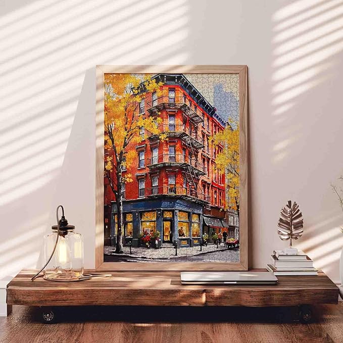 New York City View Jigsaw Puzzle，Fall Red Buildings 1000 Pieces Jigsaw Puzzles for Adults，27 x 20 Inches Puzzles for Families，HD Quality Autumn Street Landscape Photo Puzzle Gift，Game Nights