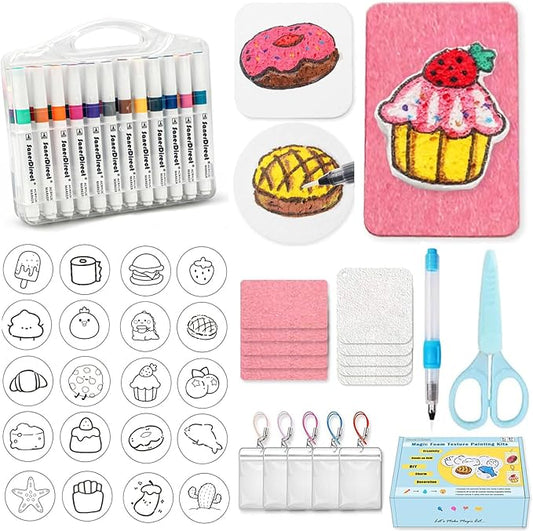 SanerDirect 67 Pack Magic Puffy Paint Kit, Foam Texture Painting with 30Pcs 3D Foam Art Paper & 24-Colored Markers, DIY Creative Craft Set for Kids