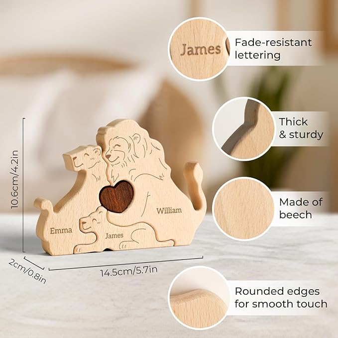 Wooden Lion Family Puzzle, Personalized Puzzles with 2-5 Names, Mothers Day Birthday Gifts for Women Men, Customized Home Decor Housewarming Gifts for Parents Couple Friends