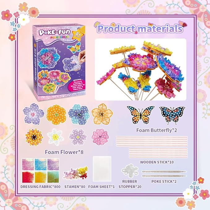 RAJRNED Poke-in Fun Flower Bouquet, Arts and Crafts for Girls with 8 Flowers & 2 Butterflies, DIY Craft Kits, Creative Activity, Gifts for Girls & Boys Ages 4-12