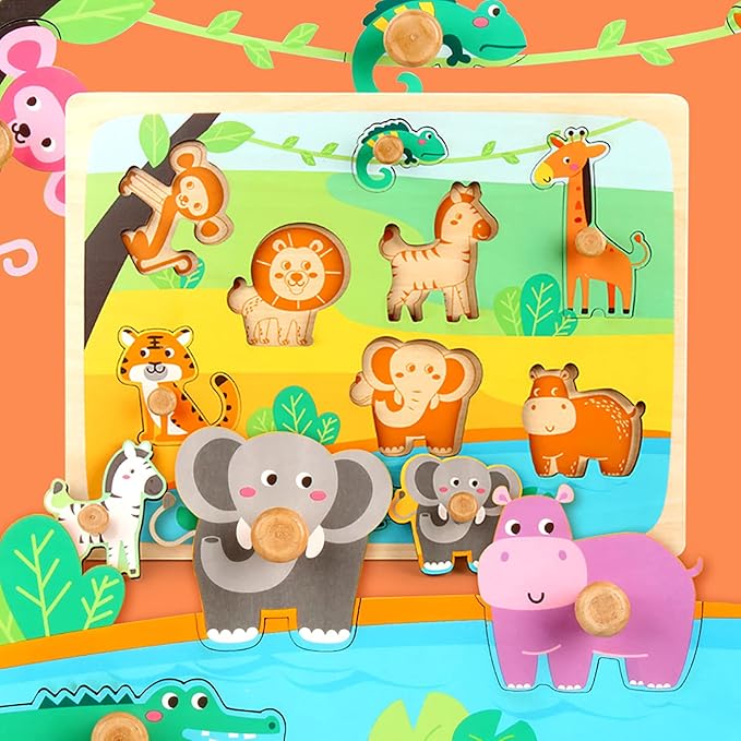 Wooden Puzzles for Toddler Peg Puzzle Toys, Wooden Jigsaw Puzzles Zoo Animal Patterns Puzzle with Handles Educational Montessori Puzzles