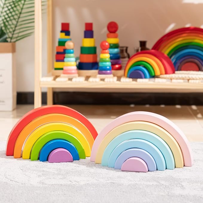 Wooden Rainbow Stacking Toy, Small PastelStacker, 6 Piece Rainbow Stacking Toy for Baby/Toddlers/Kids, Montessori Education Pastel Decor, Kindergarten Teaching Aid