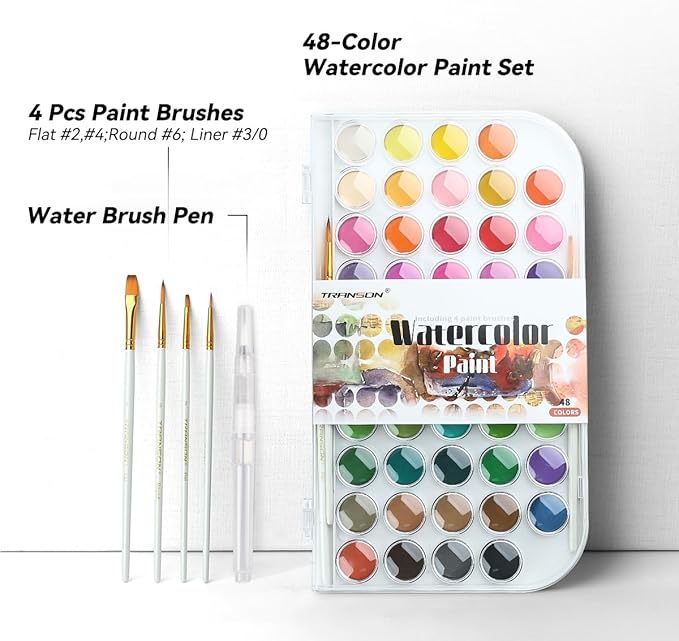 TRANSON 48 Colors Watercolor Paint Set with 4pcs Paint Brushes and 1pcs Water Brush Pen for Adults, Students, Beginners and Artists