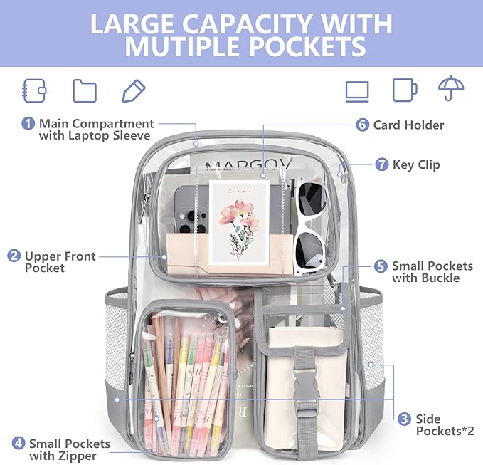 Attmu Gray Clear Backpack, Heavy Duty PVC Clear Bag for Stadium Events, Transparent Backpack with Reinforced Straps & Stitches for Girls Boys, Large Capacity Bookbag for School, Travel, College, Work