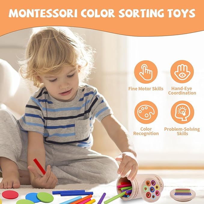 Montessori Toys for 3 Year Old, Dual Play Wooden Educational Color Sorting Toy Toddler Preschool Learning Activities, Fine Motor Skills Sensory Toys for Toddlers 3-5 Girl Boy Birthday Gifts