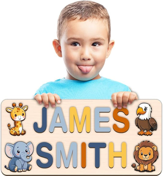 LOVELYPOD Personalized Name Puzzle for Kids, Custom Name Puzzles for Toddlers 1-3 Animal Puzzle, Customized 1st Birthday for Girls & Boys Wooden Toys for Kids, for New Baby - Style 18