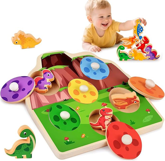 3 otters Wooden Peg Puzzles for Toddlers, Montessori Toys Dinosaur Learning Toys for Family Entertainment Education Birthday Gifts