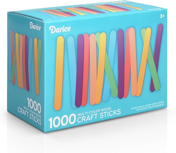 Darice 1000 Pcs Colored Popsicle Sticks for Crafts, 4.5" Colorful Wooden Rainbow Craft Sticks Supplies, STEM DIY Art, Ages 3+