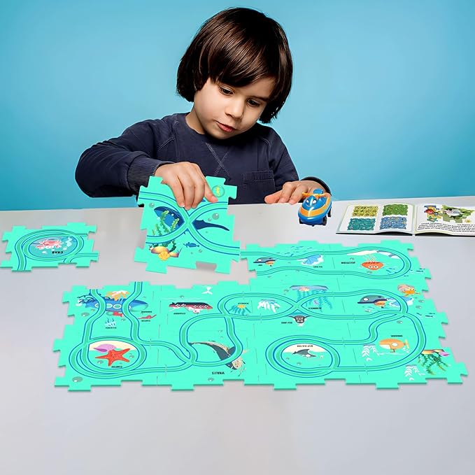 Puzzles and Track Combo, Kids Puzzle Rail Car Play Set, Educational Toys for 3 4 5 6 Year Old Boys Girls, Toddler Montessori Toy Gift