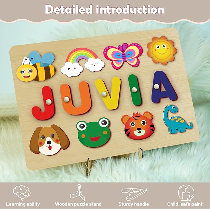 Custom Name Puzzles for Toddlers 1-3 - Name Puzzle for Kids, Personalized Wooden Animal Puzzle, Baby Gifts, Baby Shower, Christmas, Newbaby Gift, Gifts for 1 2 3 Years Old (Animal-Name -01)