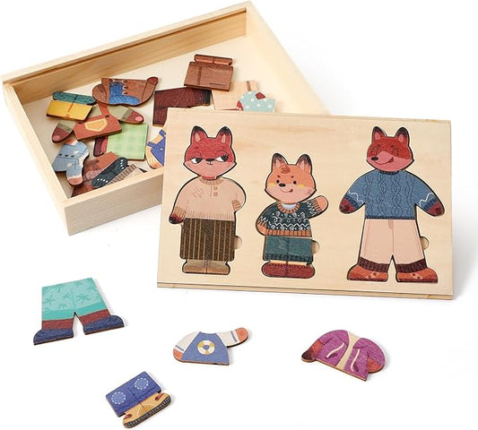 Wooden Dress-Up Puzzles for Toddlers Ages 3-5 Fox Family Mix-and-Match Game with Storage Box Educational Gift for Boys Girls
