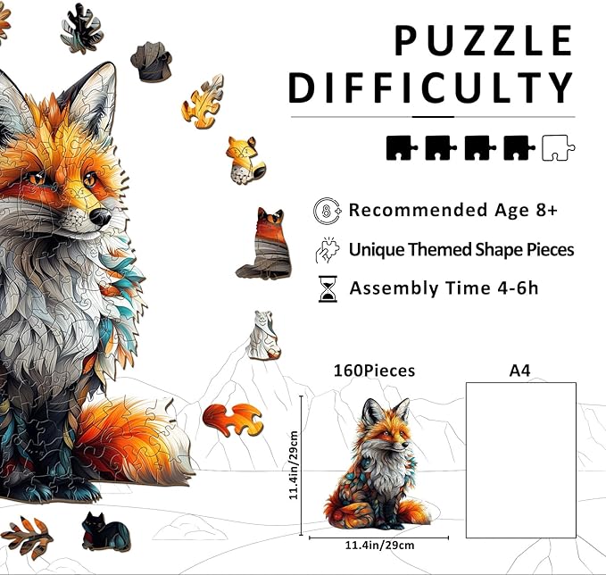 Wooden Puzzles for Adults - Artistic Fox Wood Puzzles Adult - Unique Animal Shape Wooden Jigsaw Puzzles for Adults - Birthday Gifts for Puzzle Lovers, Family (11.4 * 11.4in)