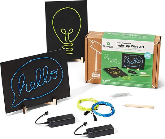 KiwiCo Light-Up Wire Art Kit - DIY Electroluminescent Signs, Fun Educational Science Craft for Kids | Includes EL Wires, Battery Packs, Design Templates, and Instructions | Make Your Own Neon Sign!
