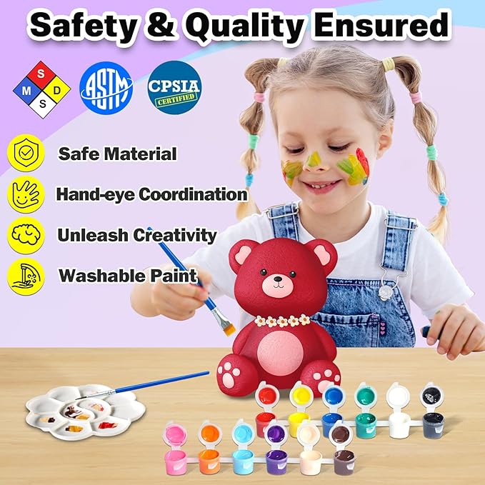 FUNZBO Paint Your Own Bear Lamp Kit - Easter Basket Stuffers Gift, Arts and Crafts Supplies Painting Kits for Kids Teens, DIY Night Light Toy for Toddlers Girls Boys Ages 3 4 5 6 7 8 9 10 11 12 13 +