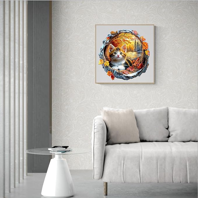 Wooden Puzzles for Adults, Wooden Jigsaw Puzzles for Adults Kids, Kitten in Autumn Unique Shaped Wood Puzzles Adult, Creative Gifts for Friends Family Game, Home Decor(11.4 * 11.3in 190pcs)