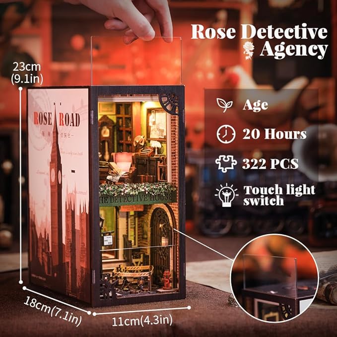 Cutefun Book Nook Kit, DIY Miniature Dollhouse Booknook for Adults, 3D Wooden Puzzle Bookend Bookshelf Insert Decor with LED Light, Gift for Craft Lovers (Rose Detective Agency)