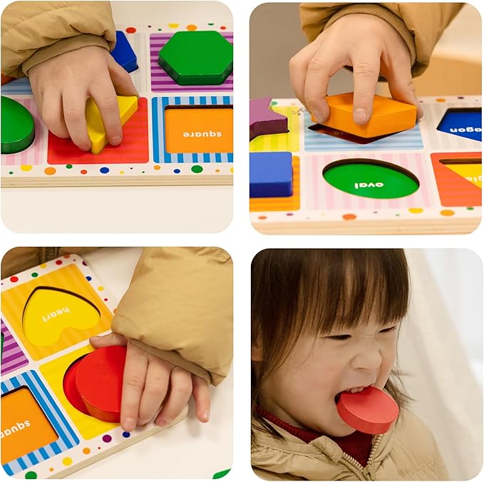 Dailyfunn Wooden Geometric Shape Puzzle (10 pcs) Toddler Puzzles for Ages 1-3 Years Old 12-18-24 Months