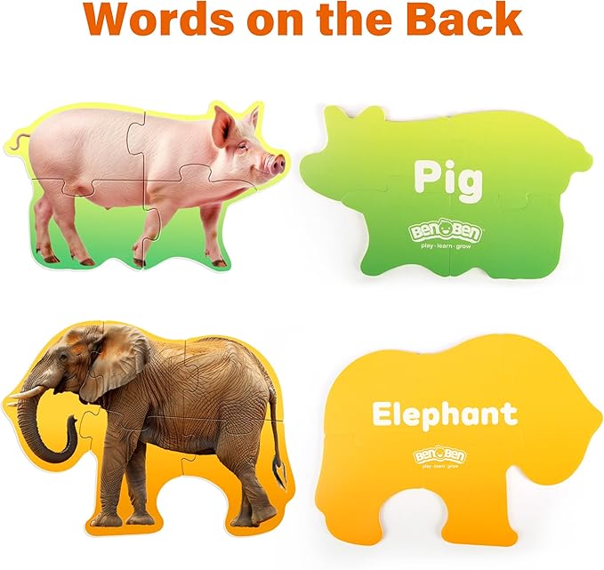 BenBen Puzzles for Toddlers 2-4,12 Animal Puzzles, 3 Levels Step-by-Step Color-Coded Jigsaw Puzzles, 48 Pieces Total, Educational Montessori Toys for Preschool Girls Boys