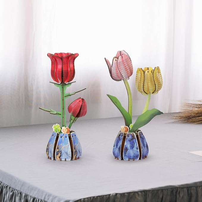Jege 3D Flowers Wooden Puzzles for Adults,DIY Wooden 2 Flowers per Kit Building Set for Home Decor, Creative Craft Gift Toys Kits with 2 Perfume Bottles and Diffuser Sticks (Rose + Tulip)